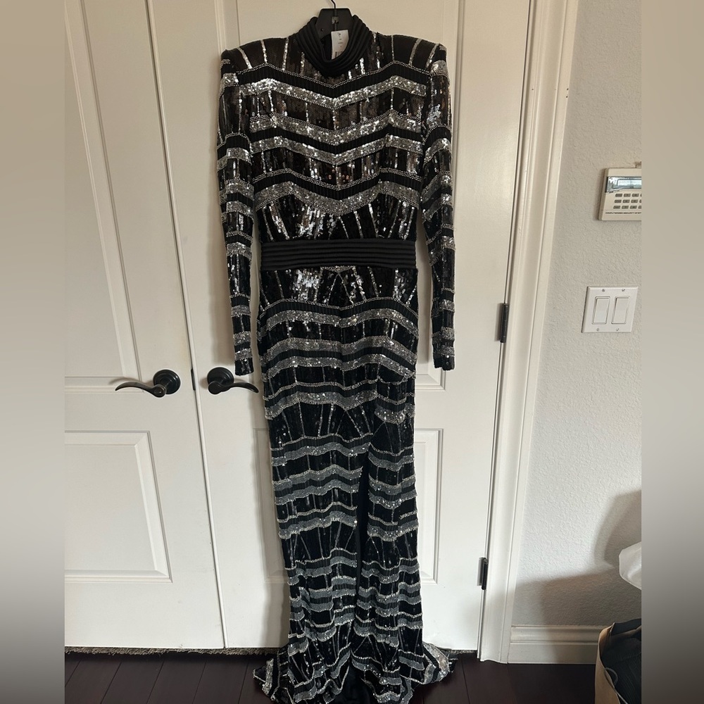 Zhivago Black and Silver Sequin Long Sleeve High-Slit Gown - Picture 5 of 11